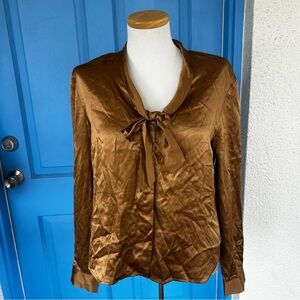 Grace Dane Lewis Brown 100% Silk Button Up Blouse with Neck Tie